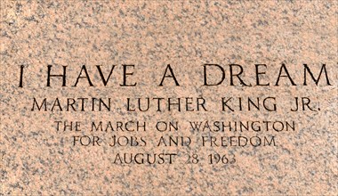 USA, Washington DC, National Mall  Lincoln Memorial  Martin Luther King march engraving in front of the peristyle commemorating his I have a dream speech during the March on Washington for Jobs and Fr...