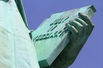 Close-up view of the statue of Liberty holding tablet, New York City, USA