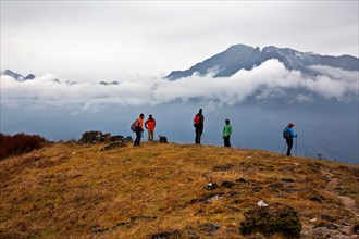 BHUTAN - Trekkers descending off Thombu La preparing to head back down to the Paro Chhu Valley on the Jhomolhari 2 Trek route.
