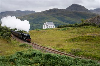 The Jacobite Steam Train travelling from Fort William to Mallaig in the west highlands of Scotland in the UK