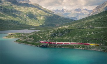 Glacier Express train on the Bernina Pass, Canton Graubunden, Switzerland