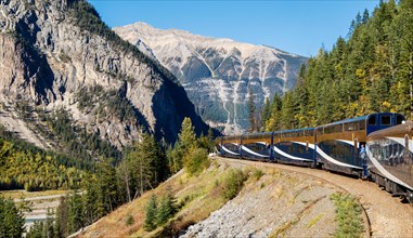 The Rocky Mountaineer railway train winds it's way through Banff National Park in Alberta, Canada.