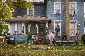 A home decorated with Halloween paraphernalia in Strasburg, Ohio, USA.