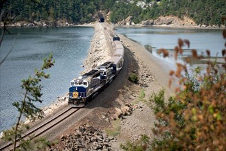 Rocky Mountaineer Coastal Passage train near Bellingham, Washington, USA.