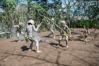 Masked Asaro Mudmen performance, Geremiaka village, Goroka area, Eastern Highlands Province, Papua New Guinea
