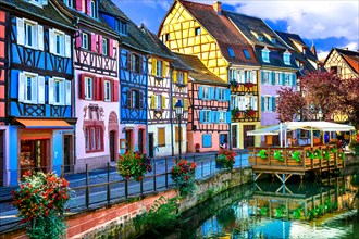 Beautiful Colmar town,view with half timbered houses and floral decoration,Alsace,France.