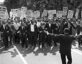 Martin Luther King, Jr. and other civil rights leaders at the head of the March on Washington for Jobs and Freedom on August 28,1963. The march ended at the Lincoln Memorial, where Dr. King delivered ...