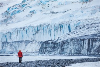 person walking near big melting glacier in Antarctica, beautiful landscape of Livingston Island in South Shetland