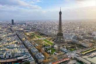 Beautiful Paris Aerial Panoramic Cityscape View feat. Famous Iconic Landmark Eiffel Tower, Champ de Mars Park, Seine River in France
