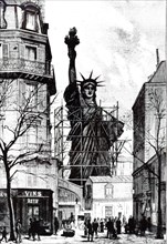 An engraving depicting the construction of the Statue Of Liberty France, designed by French sculptor Frederic Auguste Bartholdi and built by Gustave Eiffel. The statue was dedicated to America on Octo...