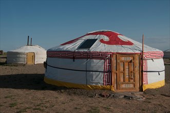 Gers or yurts at Meekhi Tourist Camp, Bayanzag (Flaming Cliffs), Gobi Desert, Mongolia