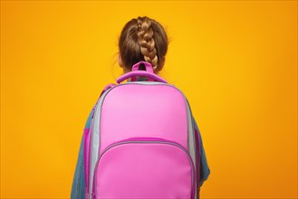 Little girl schoolgirl stands with her back on a yellow background. The child holds a satchel. School and education concept.