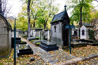 All Saints Day, in Montmartre Cemetery with autumnal, fallen leaves, Paris, France.