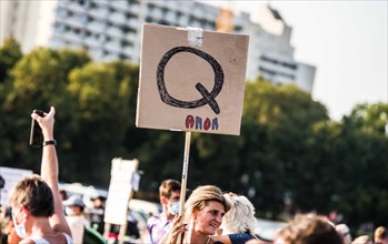Munich, Bavaria, Germany. 12th Sep, 2020. One of numerous QAnon signs at the Querdenken089 demo. These participants were not asked to leave, nor denounced. The Querdenken ''Conspirituality'' group tha...