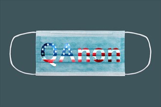 Qanon deep state conspiracy text on Medical surgical mask American flag.