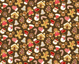 Christmas seamless pattern with gingerbread cookies isolated on dark brown background. Warm colors. EPS 10 vector illustration.