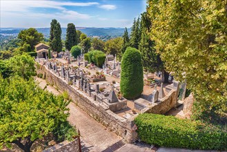 SAINT-PAUL-DE-VENCE, FRANCE - AUGUST 17: The municipal cemetery of Saint-Paul-de-Vence, Cote d'Azur, France, as seen on August 17, 2019. It hosts the