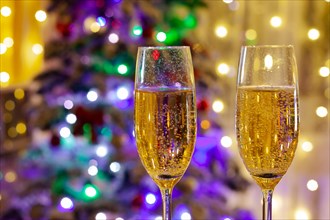 two glasses of champagne against the backdrop of the Christmas tree