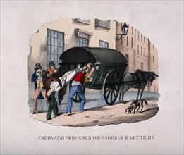 A corpse is lifted from the back of a wagon during the 1832 cholera epidemic. Coloured lithograph, c. 1832.