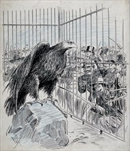 The Dreyfus case: an eagle wearing eyeglasses, representing Alfred Dreyfus, is imprisoned in a cage; men are poking him with their swords. Drawing by A.S. Boyd, ca. 1902.