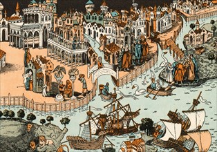 Marco Polo, his father and his uncle about to depart from Venice in 1271, bound for Kublai Khan’s Xanadu. After a 14th century work. Marco Polo (1254-1324) was an Italian merchant, explorer, and write...