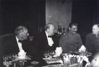 Winston Churchill with President Roosevelt and Soviet leader, Joseph Stalin at the Teheran Conference. November 1943