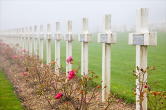 Fog surrounds the graves of soldiers who died in World War I in Douaumont Ossuary, Verdun France.