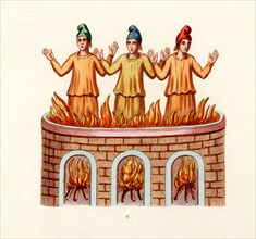 The three Jews, Hananiah, Mishael, and Azariah thrown in to the fiery furnace by Nebuchadnezzar