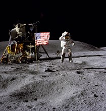 Man on the moon. Astronaut walking on moon from Apollo 16 expedition. Credit/NASA