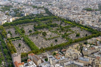 Aerial view of Pere Lachaise Cemetery taken from Montparnasse Tower in Paris, France