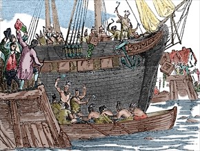 The Boston Tea Party. 16 December 1773. History of the United States for Schools, 19th century. Engraving. Later colouration.