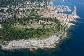 AERIAL VIEW. Historic 17th-century fortress overlooking the famed village of Saint-Tropez. Var, French Riviera, Provence, France.