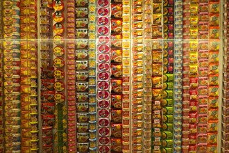 Instant noodle samples displayed at the main exhibition room in the Cup Noodles Museum, Yokohama