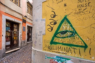 Old town of Coimbra, graffiti, the Illuminati emblem of, wall-painting, Coimbra, Coimbra District, Portugal, Europe, Travel,