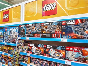 Nowy Sacz, Poland - June 16, 2017:  Lego construction kits for sale in the Tesco supermarket. Lego is a line of plastic construction toys that are man