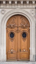 Antique inlaid wooden door with carved stone structure in an ancient palace in Paris.
