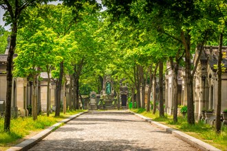 The wide, tree lined streets of Père Lachaise Cemetery are a perfect location for a stroll in summer.  Paris, France