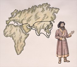 Marco Polo and map of his journey to Far East