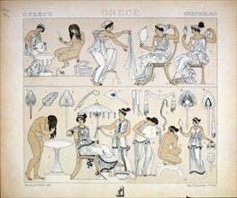 Illustration depicting Greek coiffure, make-up, and personal hygiene for women in ancient Greece. 19th century