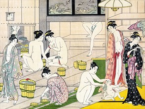 Japan: 'Bathhouse women'. Ukiyo-e woodblock print by Torii Kiyonaga (1752 - 28 June 1815), c. 1780.

Torii Kiyonaga was a Japanese ukiyo-e printmaker and painter of the Torii school. Originally Sekigu...