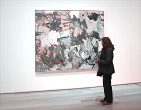 Woman looking at Willem de Kooning painting in Art Institute of Chicago