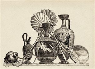 Ceramic toilet articles Ancient Greece. Old 19th century engraved illustration, El Mundo Ilustrado 1880