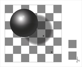 Optical illusion. Checker shadow illusion. The two squares with x mark are the same shade of gray. Cut out the two extra squares, compare and check.