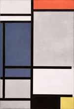 Mondrian painting, Composition with red, blue, black, yellow, and gray, 1921, Piet Mondrian