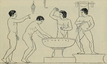 . Greek athletic sports and festivals . An oil-flask indicates the building, whilea tree suggests the groves of the gymnasium. Scenes in the Apodyterion are very numerous, especially onlater vases. We...
