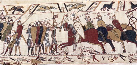 Bayeux Tapestry. Detail showing Norman knights attacking the Anglo-Saxon shield-wall.