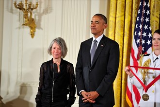 ***FILE PHOTO*** Louise GlŸck Wins Nobel Prize For Literature. In this file photo from September 22, 2016, United States President Barack Obama presents the 2015 National Humanities Medal to Louise Gl...