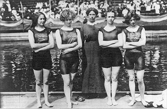 STOCKHOLM OLYMPIC GAMES 1912. The winning British Womens Freestyle  4x100 metre relay team. From left: Bella Moore, Jennie Fletcher, Clara Jarvis (coach) , Annie Speirs, Irene Steer