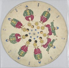 Phenakistiscope Disc with Dancing Man, Simon von Stampfer, Austrian, 1792 - 1864, Hand-colored lithograph on paperboard, Paper disc with a hole in the center, 8 rectangular perforations evenly spaced ...