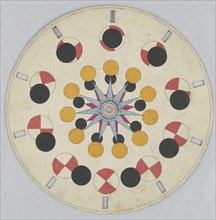Phenakistiscope Disc with Geometric Shapes, Josef Bermann, Austrian, 1810 - 1866, Hand-colored lithograph on paperboard, Paper disc with a hole in the center, 10 rectangular perforations evenly spaced...